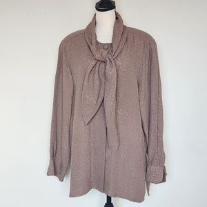 Vintage Silk Madeleine 80s 90s Neck Tie Shoulder Pads Blouse Tunic Tan Brown